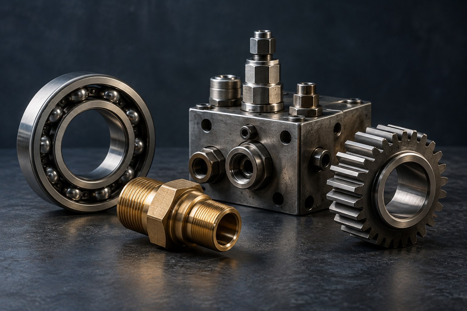 Precision bearings, hydraulic components, and machined metal parts on a dark work surface